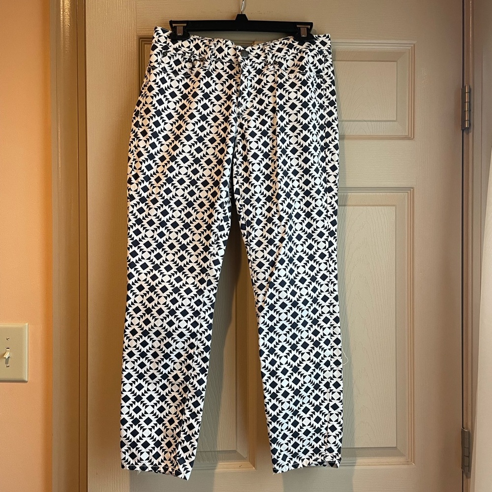 J. Crew Navy and White Geometric Patterned Jeans, Size 28‎